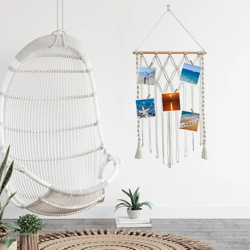 Macrame Wall Photo Display แขวนเชือก Wall Decor พร้อมคลิป Bohemian Wall Handทอ Tapestry โปสการ์ดสําหรับเด็ก