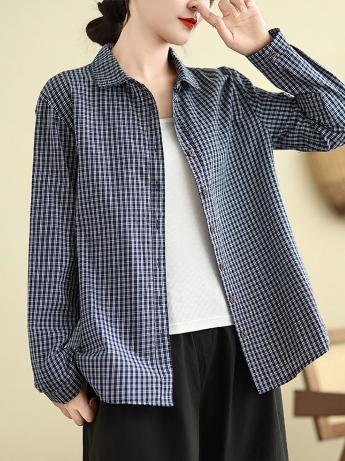 

Loose Fit Pure Cotton Plaid irt Women's Autumn New Sle Casual Versatile Long Sve Button up Coat Durable Everyday Wear
