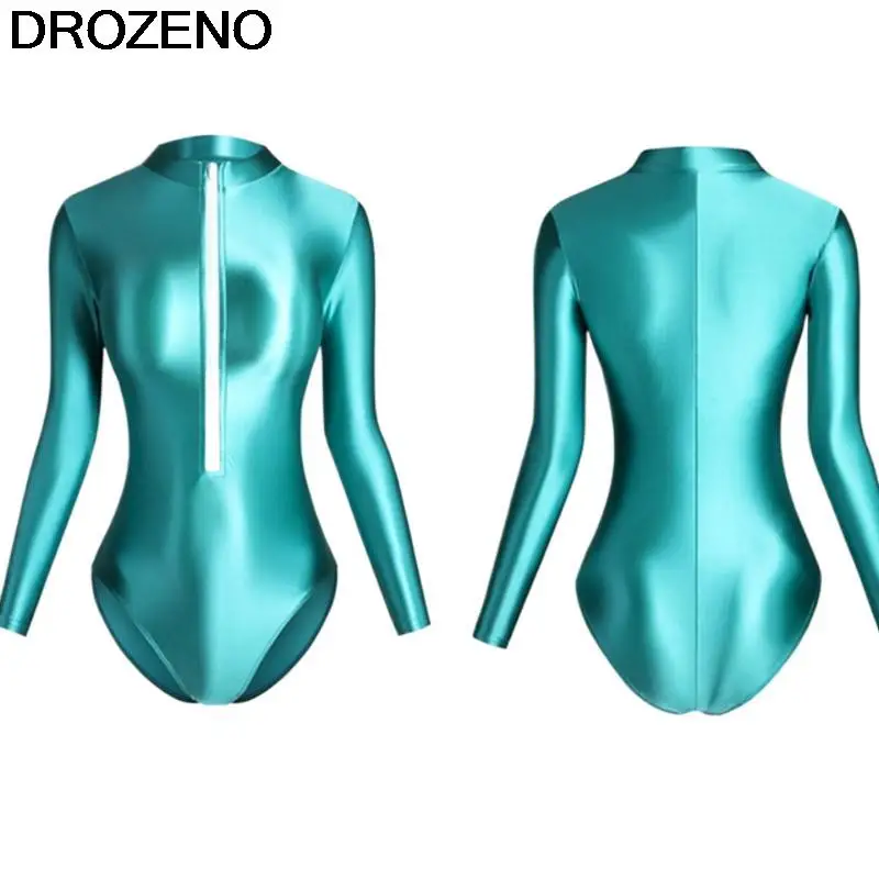 DROZENO Turtleneck Zipper Long Sleeve Tights One Piece Swimsuit WomenSlim Fit One Piece Swimsuit Sports Yoga Athletic Clothing