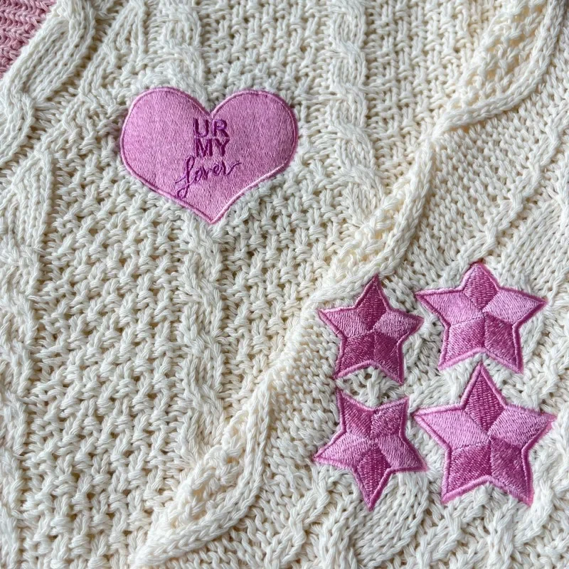 Autumn Heart Shaped Embroidery Lover Cardigan Women Winter Pink Star Cardigans Female Loose Fit Knitted Sweater Oversized Tops