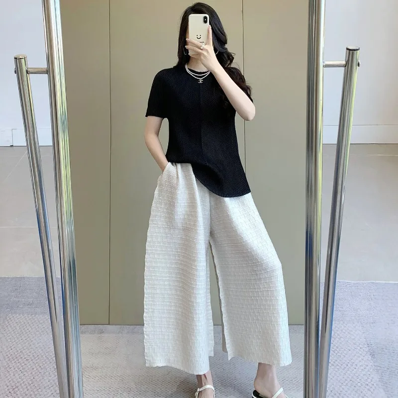 Miyake Pleated T-Shirt 2026 Summer New Short Sleeve Non-Iron Casual Top Stretch Plus Size Commuting Minimalist Women's Clothing