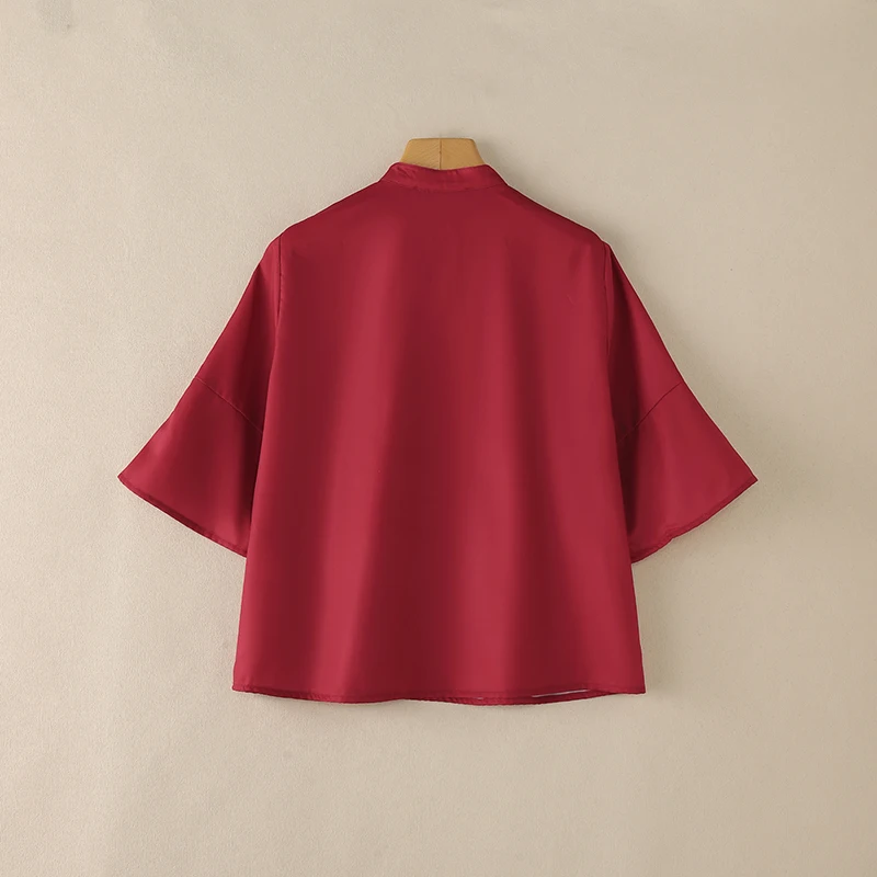 ZANZEA Chinesischer Stil Vintage Damenbluse, elegantes Arbeitshemd mit Stehkragen und 3/4-Ärmeln, bedruckte Oberteile mit Knöpfen, Blusas – Detail 12