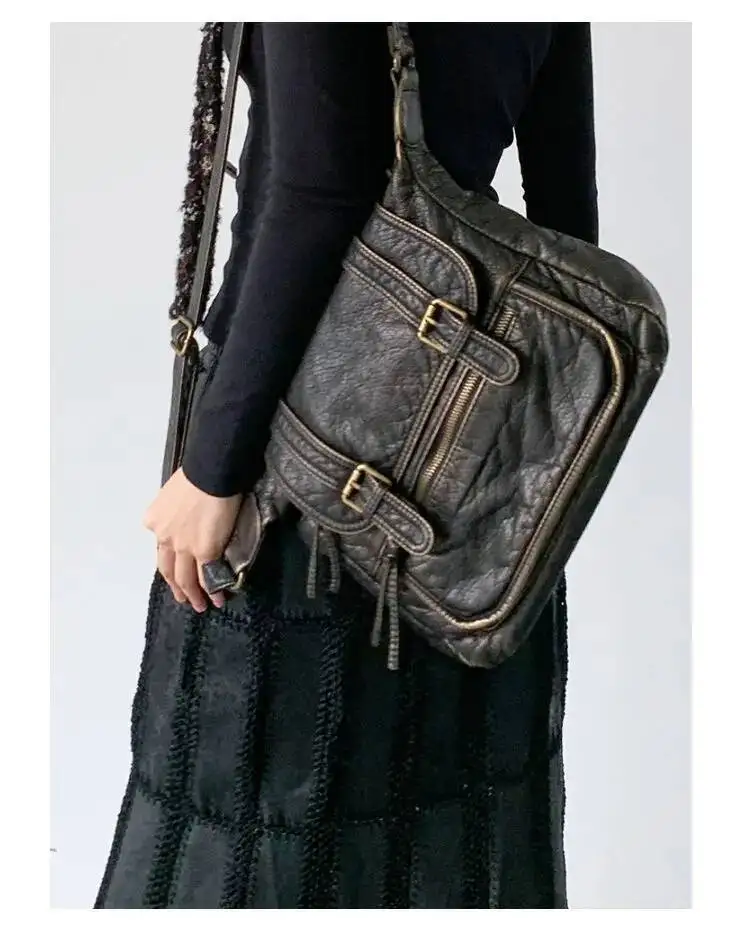 

Bloom Vintage Y2k Grunge Messenger Women Retro Leather Soft Chic Black Handbag Female Casual Crossbody Square Bag Bolsa