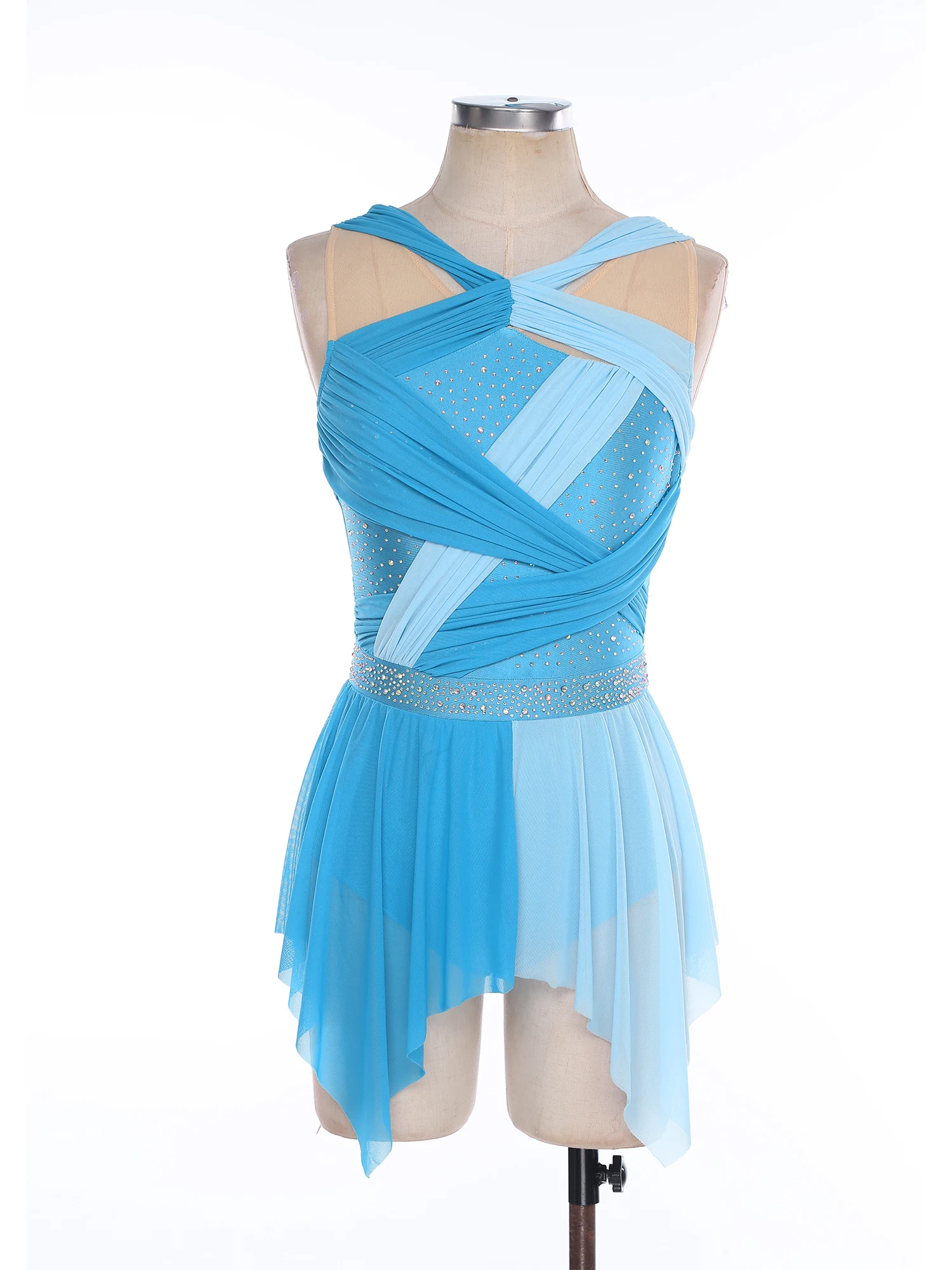 Abito da ballo moderno da donna Costume da spettacolo di pattinaggio di figura Abito in tulle asimmetrico a rete trasparente Body da danza classica lirica