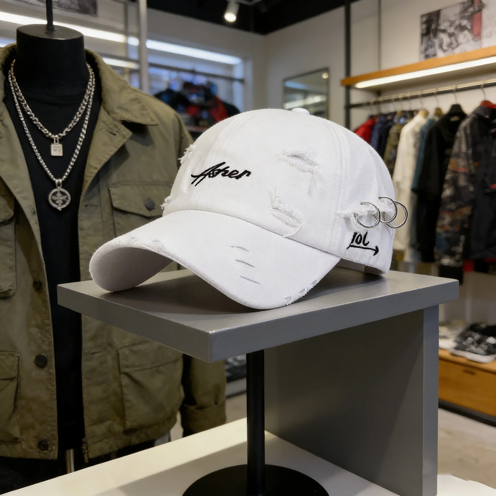 Distressed Baseball Cap with Metal Rings Vintage Washed Cotton Dad Hat Letter Embroidery Hip Hop Sun Hat for Women Men