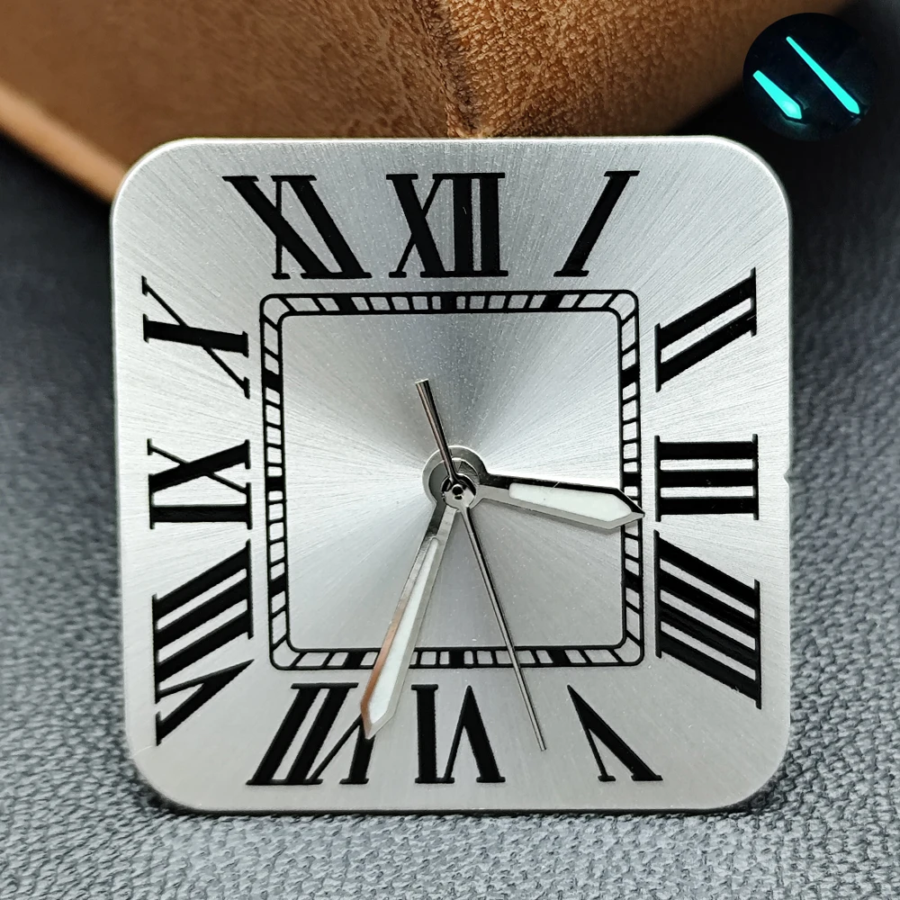 Vintage 27MM Square Roman Numeral Dial Blue Green Hands 3/6 O'clock Calendar Position Fit With NH35 Movement Watch Modification