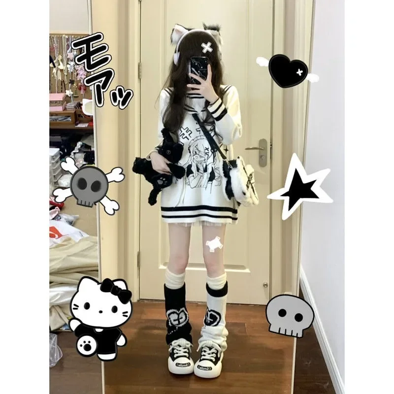 Deeptown Y2k White Sweater Women Anime Sailor Collar Jk Japanese Fashion Harajuku Knit Pullovers Preppy Loose Autumn Youthful