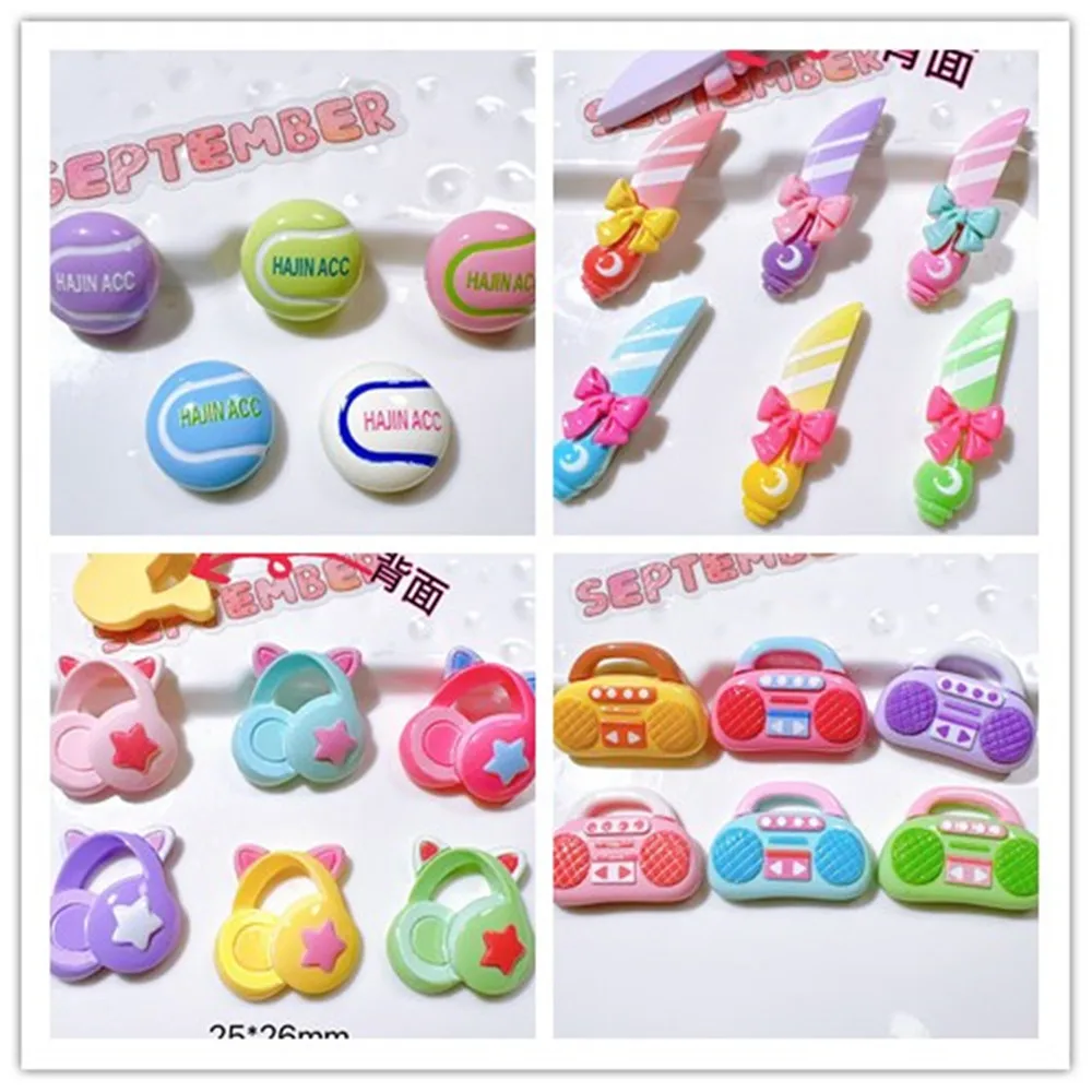 100pcs Kawaii Flatback Resin Earphone Radio Tennis Cabochon Charm DIY Craft Scrapbook Dollhouse Decoration Accessories