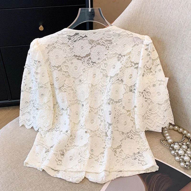 French Hollow Out Hook Flower Lace Shirt Women New Summer Korean Fashion O-Neck Diamonds 3D Floral Short Sleeve Blouse Chic Tops