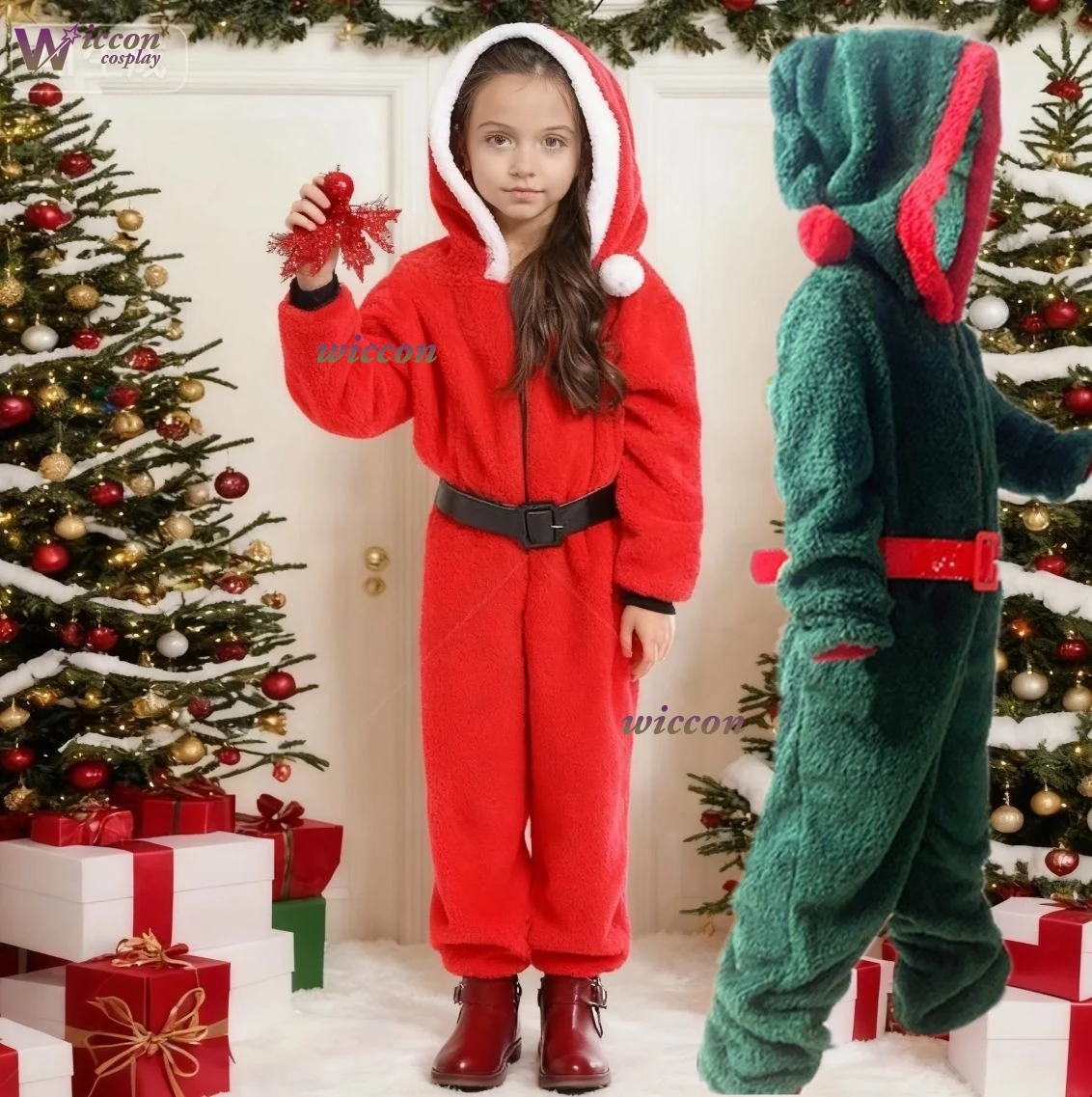 

Santa Clown Party Christmas Tree Costume Unisex Funny Christmas Hooded Onesie Family Cosplay Outfit Adult Kids navidad noel