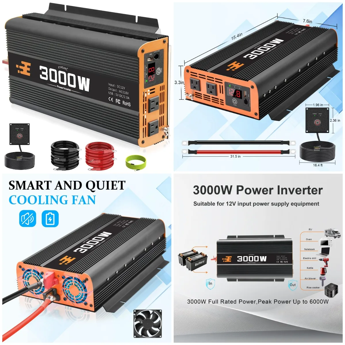 

3000W Car Power Inverter 12V to 110V AC with Remote - Modified Wave, for Home, Emergency, Camping, RV, Truck