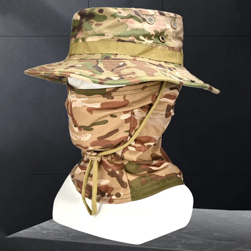 Tactical Camouflage Hat Sun Protection Set Outdoor Sport Hiking Fishing UV Protection Neck Face Boonie Hat Adjustable Bucket Cap