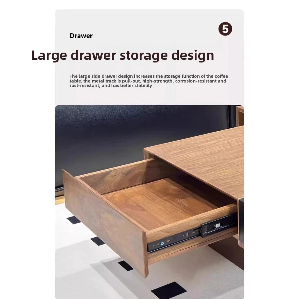 Modern Walnut Wood Coffee Table, Square Tea Table with Storage Drawers for Living Room