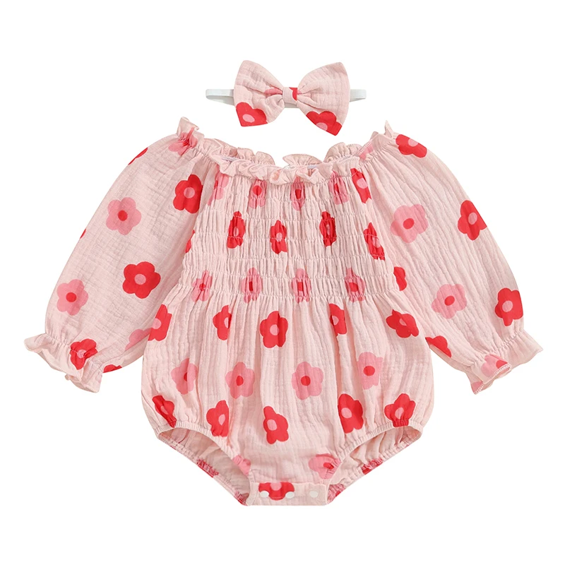 

2-Piece Baby Girls Set Long Sleeve Floral Print Square Neck Smocked Ruffled Romper Bow Headband Adorable Outfits