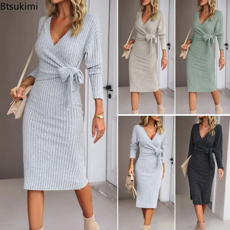 

2024Women's Sexy Ribbed Knitted Dress V Neck Bowknot Cotton Maxi Long Dresses Female Full Sleeve Stretch Bodycon Sweater Dresses