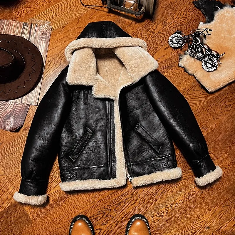 CC Shop Best.Mens High quality 100% real fur jacket.Classic B3 winter warm thick leather coat.narural sheepskin with wool.Thick