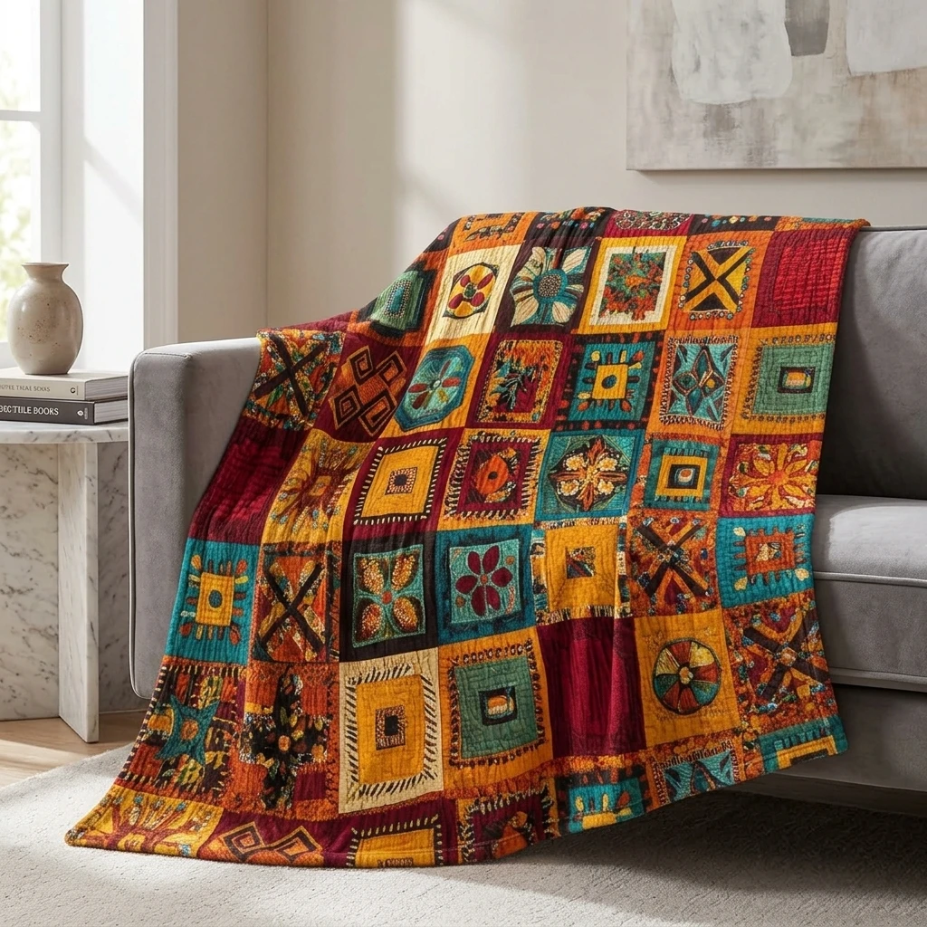 

1PC Vintage Bohemian Patchwork Art Thick Flannel Throw Blanket, Soft Warm Portable Throw Blanket, Perfect Gift for Adults