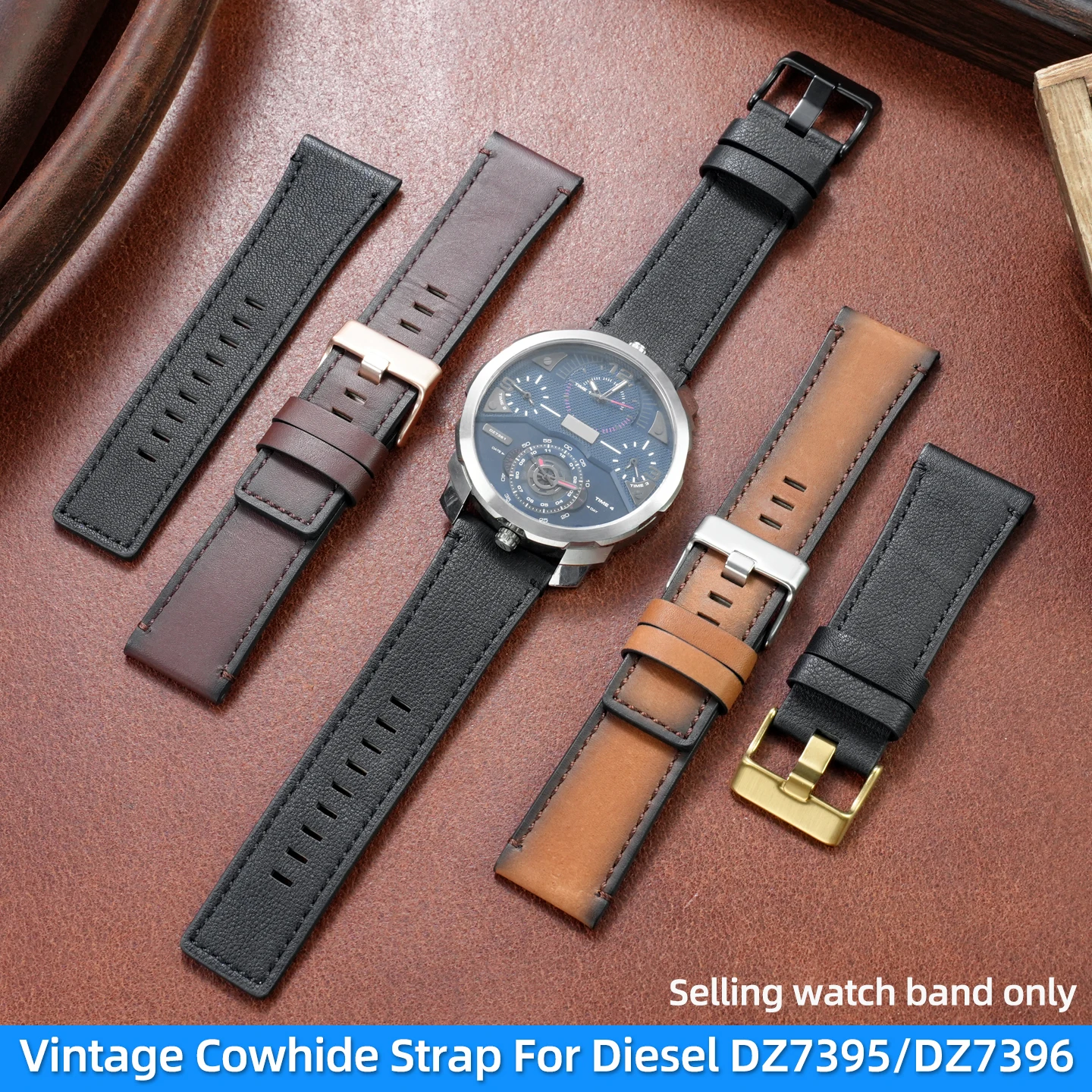 

Vintage Genuine Cowhide Watch Strap For Diesel DZ7395 DZ7396 DZ4323 DZ7413 DZ1657, 24mm 26mm 28mm Retro Leather Watch Band men