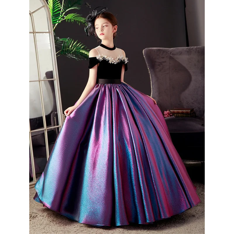 

Girls' Host Dress New Black Elegant Catwalk Princess Dress Girls' Dress Model Atmosphere Birthday Long Dress