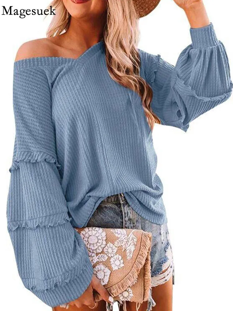 

V Neck Women Waffle Blouse Casual Ruffle Elegant Fashion Autumn and Winter Lantern Long Sleeve Tops Loose Shirts Blusas 23252