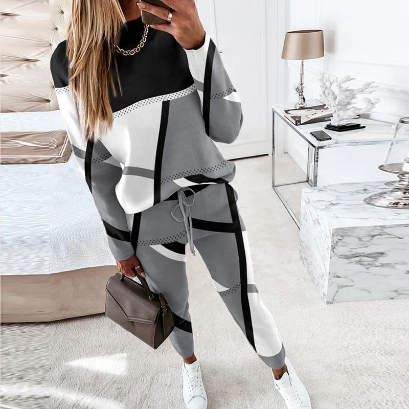 Casual O-neck Long Sleeve Pullover & Tie-up Long Pant Outfits Women Fashion Colour Blocking 2Pc Suit Casual Loose Tracksuits Set