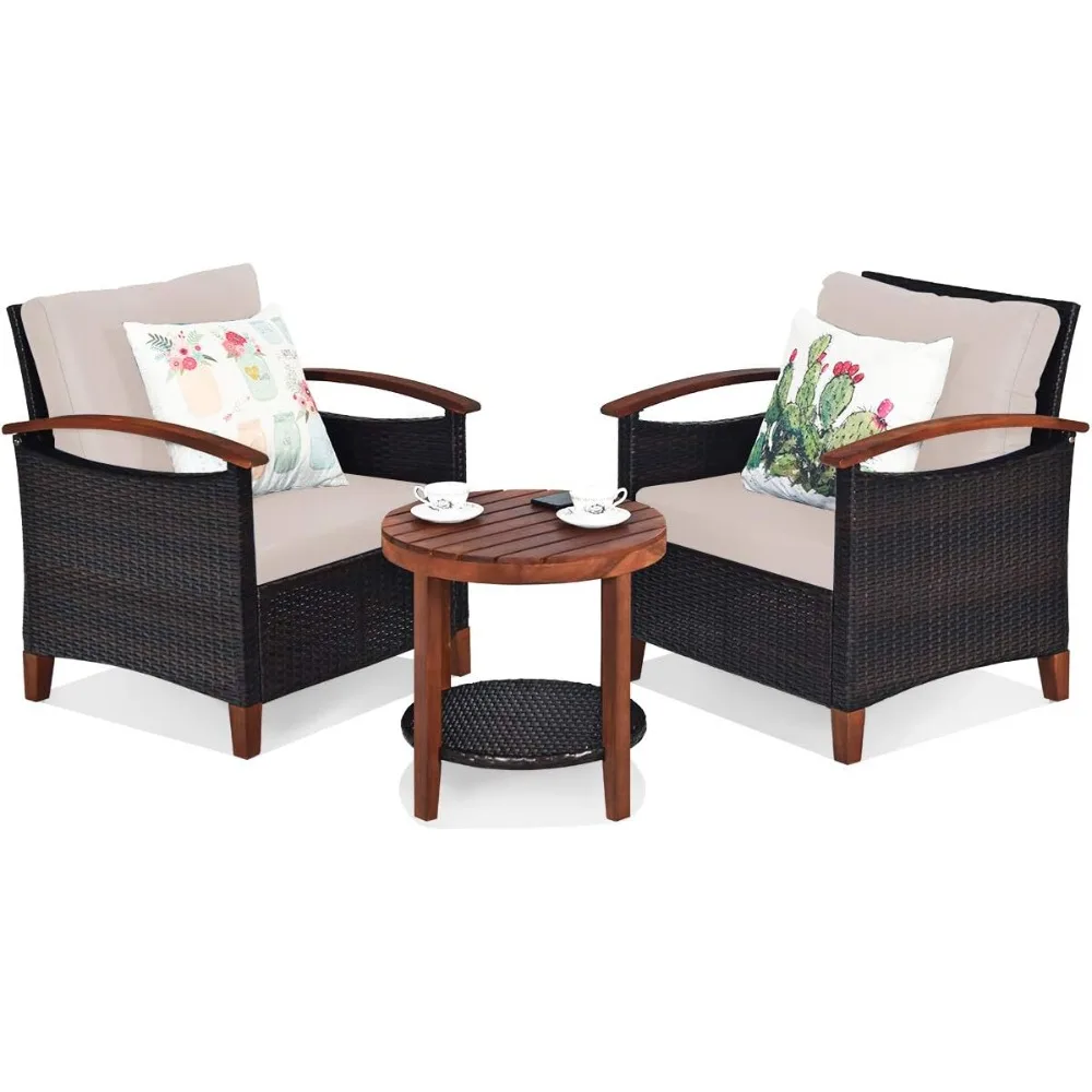 3 Pieces Patio Furniture Set, Outdoor Rattan Sofa and Side Table w/Solid Acacia Wood Frame