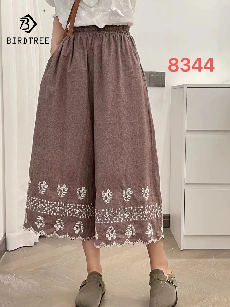 New Summer Cotton Linen Wide Leg Pants, Women Elastic Waist Embroidery Trouser, Mori Girl Sweet Retro Pants, 2024 Fall B47614QC