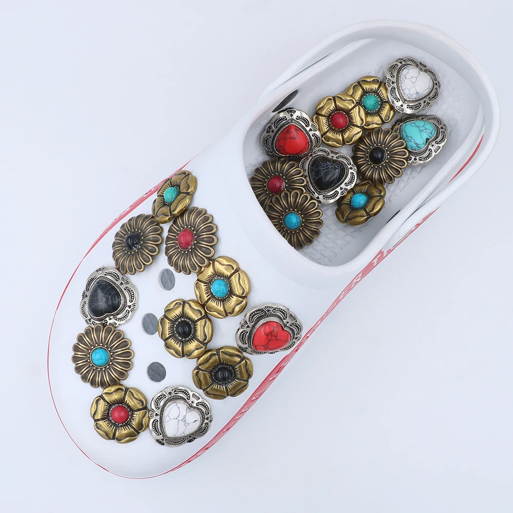 Shoe クロックス Charm Decorations Silvery Heart Shape Turquoise Metal Golden Flowers Sandals Accessories Punk Style Kids Gift 1 Pcs view 2