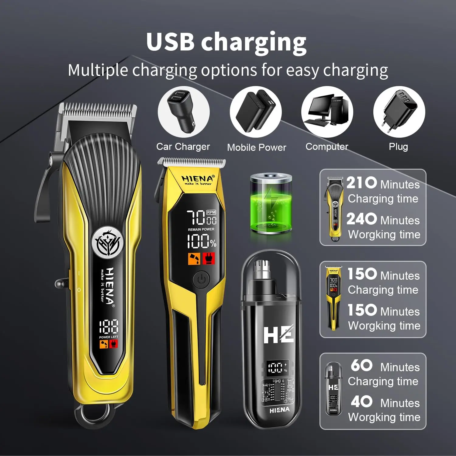 HIENA الرجال مقص الشعر مجموعة المهنية الشعر أداة تهذيب اللحية ذكي LED عرض تصفيف الشعر آلة قطع قواطع الحلاق