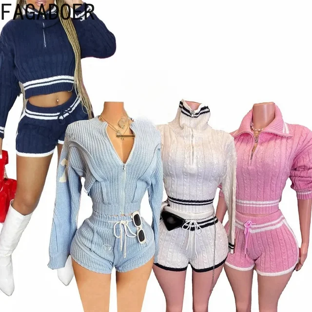 FAGADOER Sweet Knit 2-częściowe zestawy damskie z klapami i zamkiem błyskawicznym w paski Patchwork Crop Top i szorty ze sznurkiem w talii Garnitury Nowość