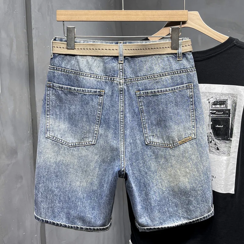 Ripped Shorts Men's High-End Summer Menswear Trendy All-Match Casual Cool Pu Shuai Korean Style Washed Denim Shorts