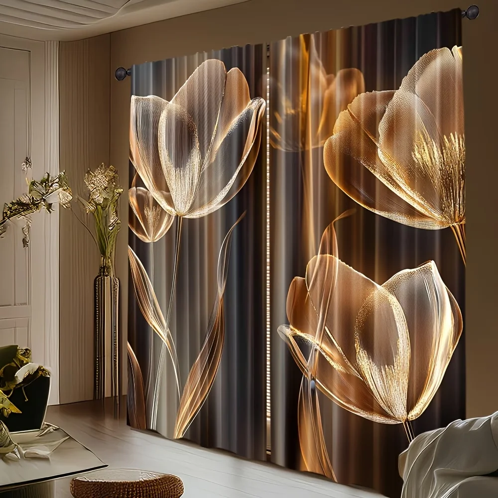 2pcs Golden Tulip Curtains Modern Floral Art Window Drapes Luxury Elegant Decor for Living Room Bedroom