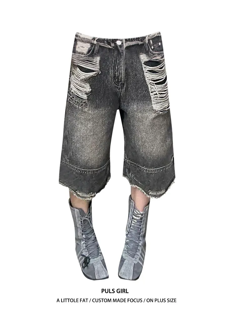 

Ретро джинсы-капри с эффектом потертости, высокой талией и широкими штанинами, свободного кроя, летняя новинка для женщин, большие размеры