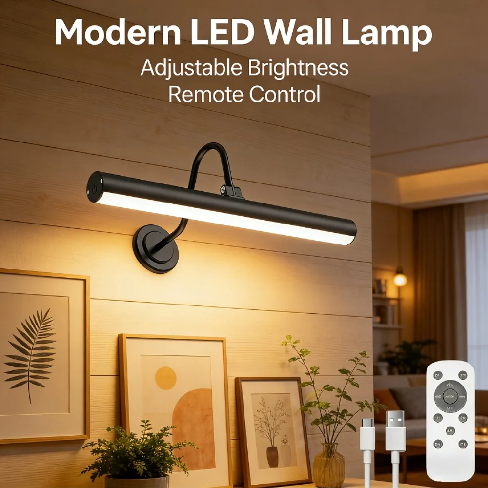 USB Rechargeable LED Picture Light Wireless Wall Sconce No‑Wiring 3 Color Dimmable Touch & Remote Control Art Painting Spotlight for Gallery Portrait Decor
