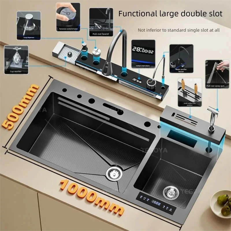 

304 Stainless Steel Kitchen Sink, Multifunctional Water Purification Large Double Slot 100x50 Vegetable Washing Basin