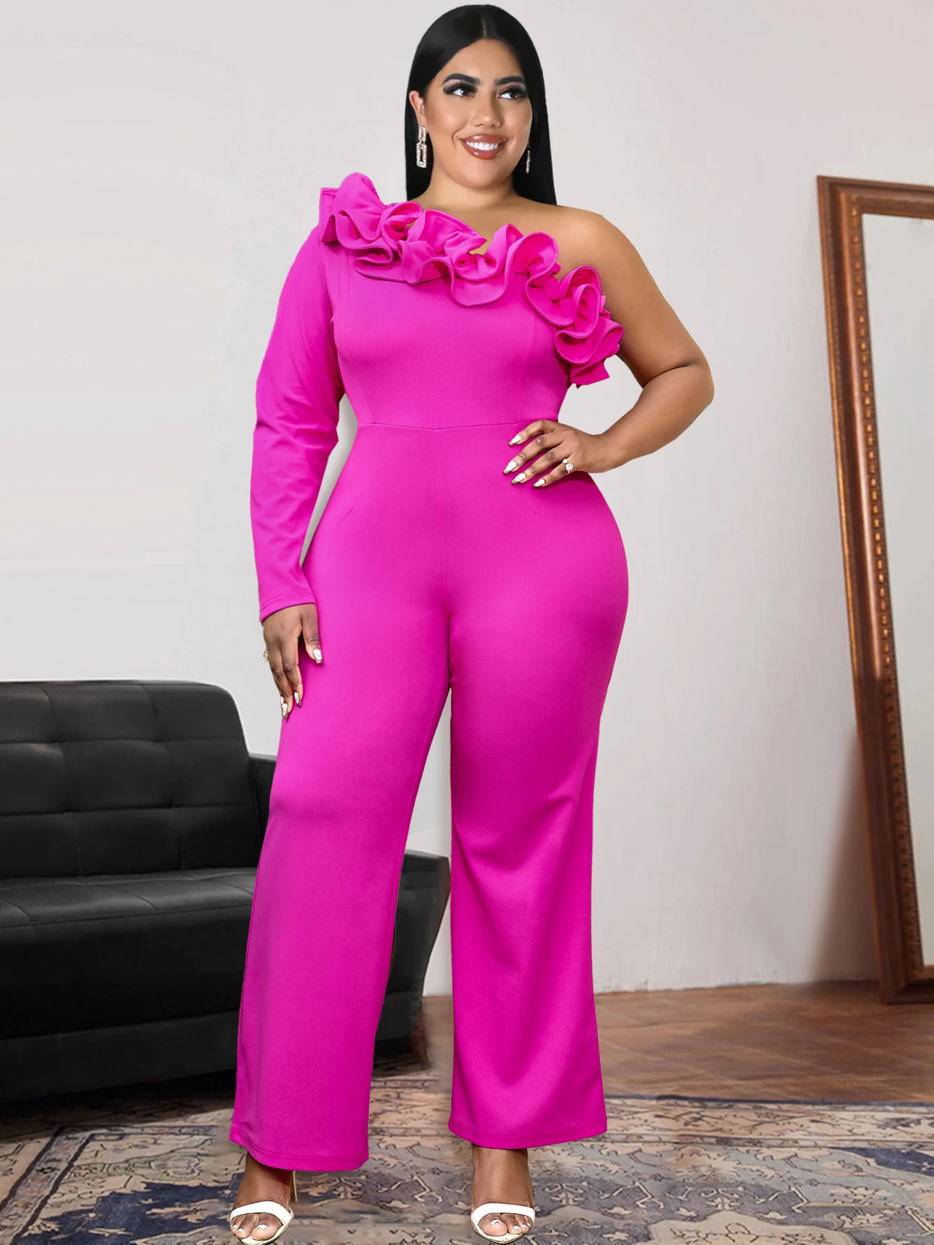 4XL Women Jumpsuits Plus Size Rose Red One Shoulder Bodycon High Waist Long Sleeve Evening Party Rompers Overalls for Ladies