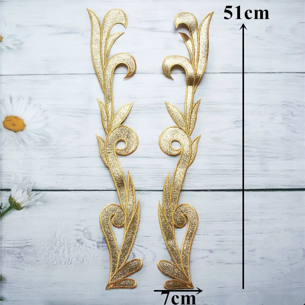 2Pcs Embroidered Gold Flower Baroque Applique Collar Iron Sew Patch Badges For Wedding Bridal Gown Clothes Dress Decor DIY Craft