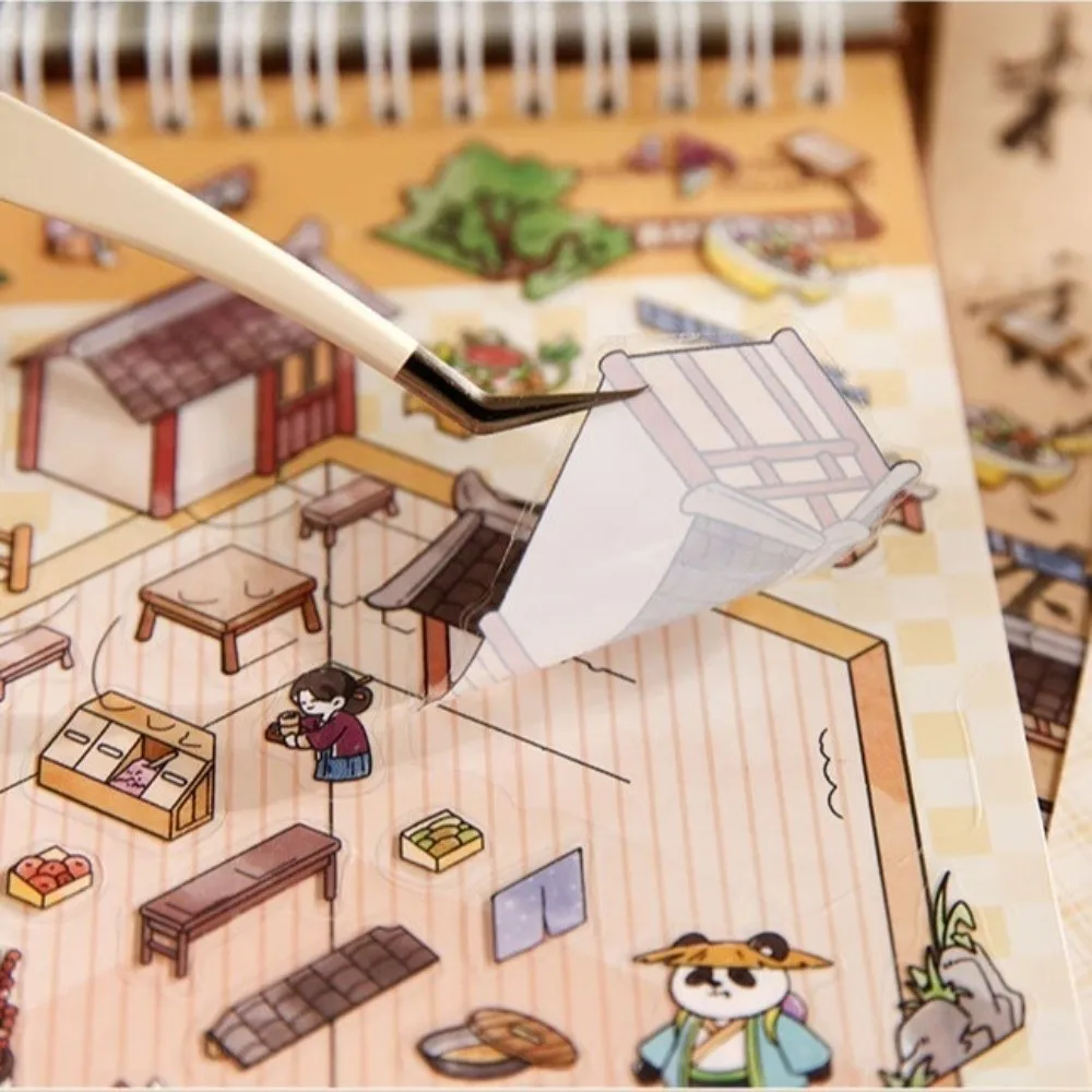 Cartoon Design Ancient-Style Stickers Miniature House PET Material DIY Decoration Stickers Cabin Scene Ancient Figures