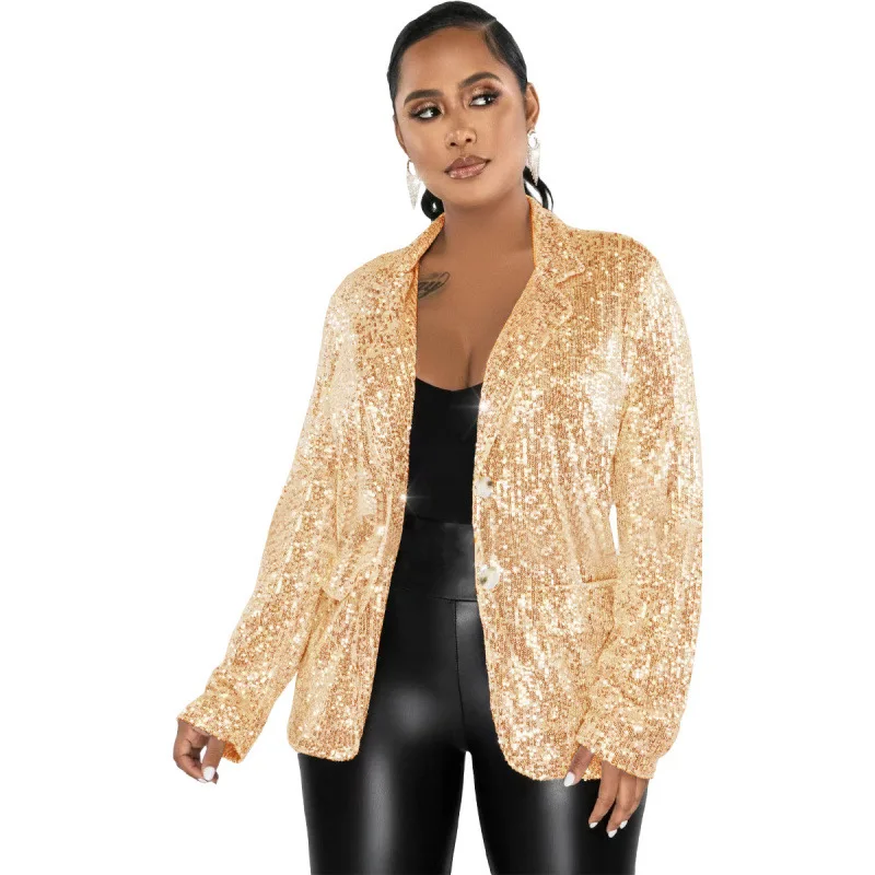 Women Jacket Winter Wear New Casual Bright Sequins Shiny Evening Party Wear Long Sleeve Glitter Lapel Suit Coat Outerwear