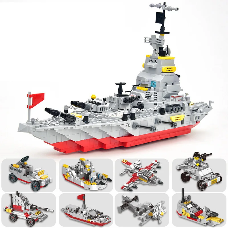 

8IN1 Military Warships Construction Ship Building Blocks Set Weapons Army Boat Cruiser Plane Soldier Figures Toys For Children