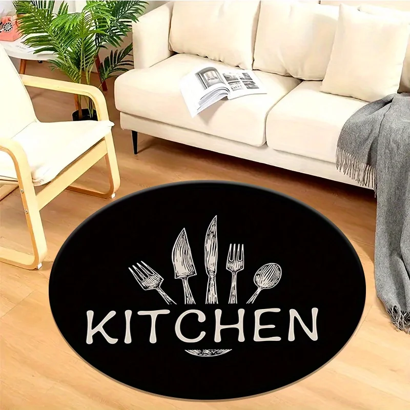 Kitchen Utensils Round Rug Black Flannel Floor Mat Fork Knife Spoon Text Design Kitchen Decor Dining Room Entryway SoftAbsorbent