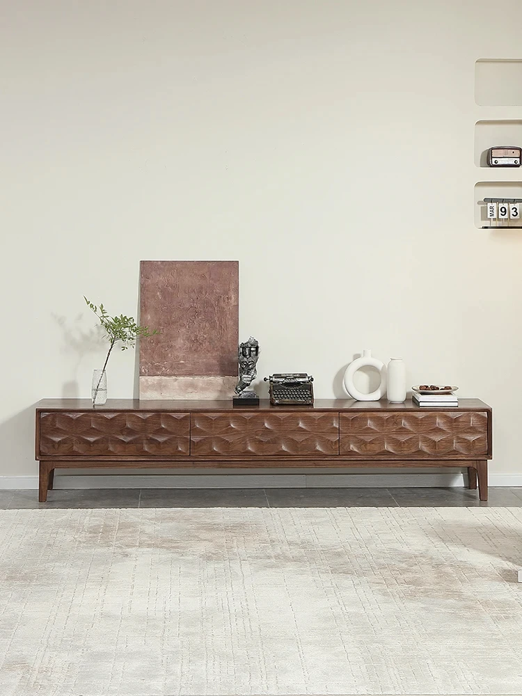 

Medieval black walnut color modern simple four-door TV cabinet