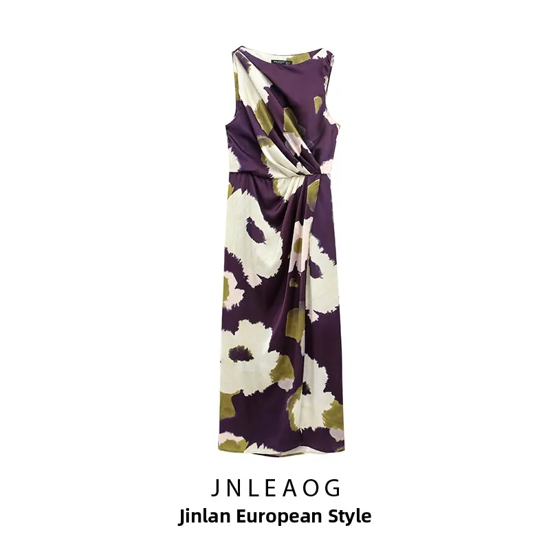 Vestido Midi Sem Mangas com Decoração Psada e Estampa, Estilo Casual, Cintura Ajustada, Fibra de Poliéster, Nova Moda Femi...