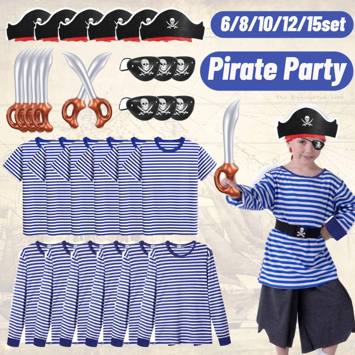 

6-15 комплектов, костюм пирата, детский костюм пирата, сувениры на день рождения для мальчиков и девочек, полосатая футболка с пиратом, шляпа пирата, надувной меч, игрушки