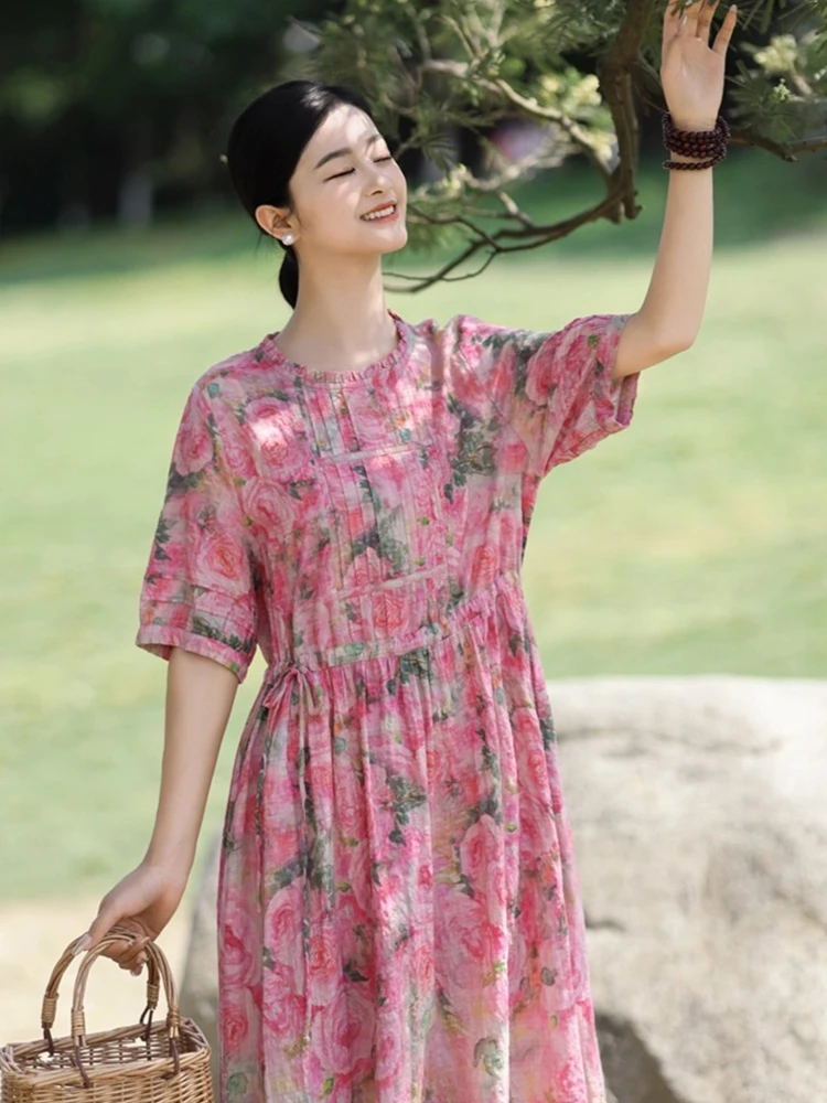 

Women Casual Long Dress New Arrival 2025 Summer Vintage Style O-neck Floral Print Loose Female Cotton A-line Dresses M1323