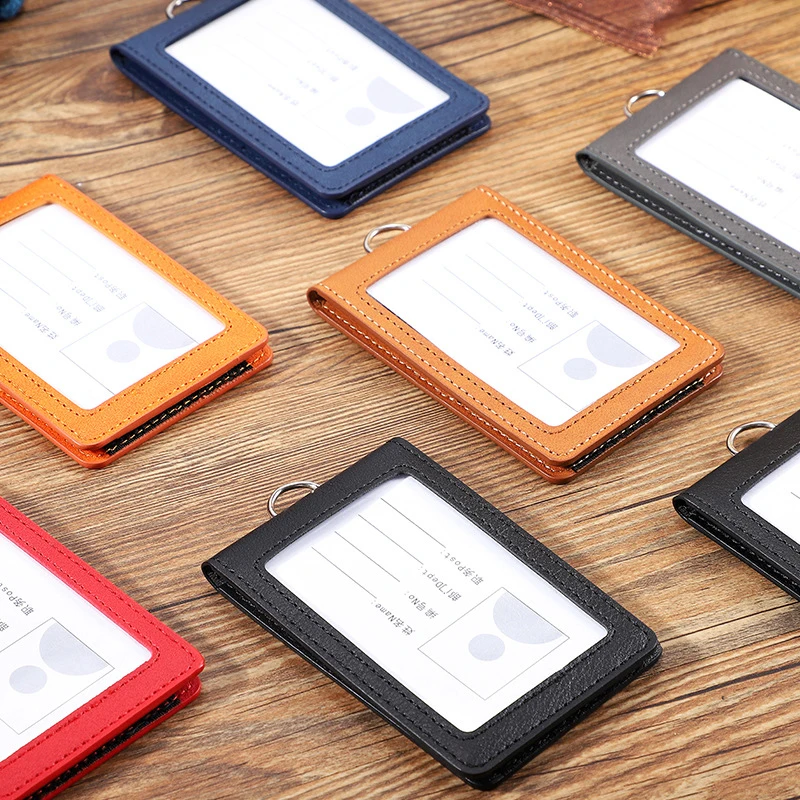 PU Leather Work Card Case Name Badges Retractable Lanyards ID Holder Cover Protector Case Business Card Holder Neck Strap