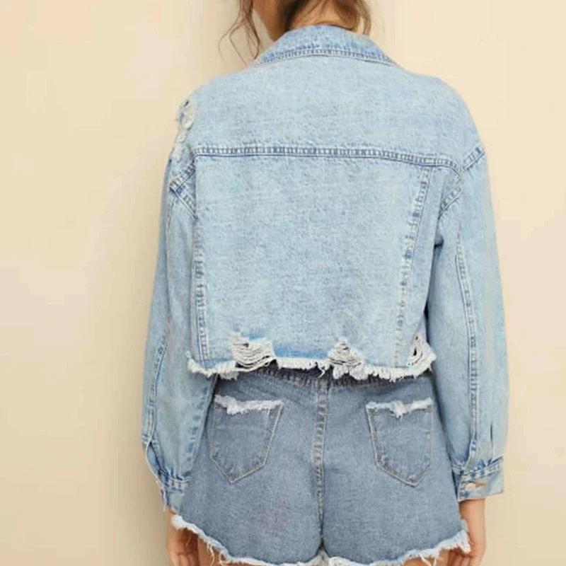 Veste courte en denim à manches longues pour femmes, vêtements d'extérieur à revers simples, trou de bavure, chimilote, décontracté, mode, automne, nouveau, 2023