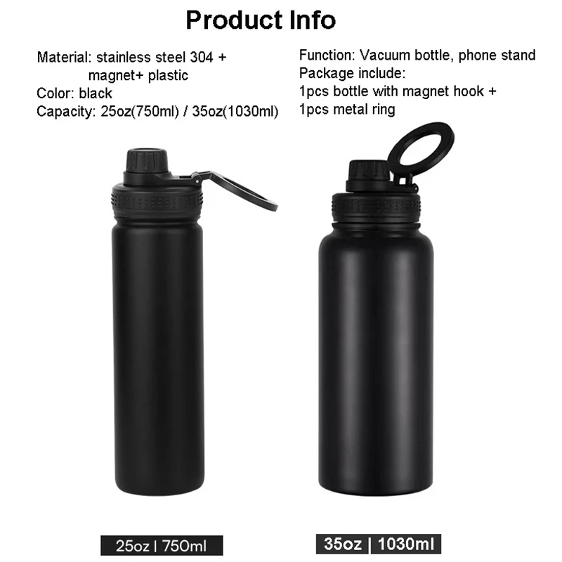 Magnetic Phone Holder Adjustable Water Bottle 750ml 1000ml Magnetic Lid Water Bottle Doule wall Vacuum Insulated 304 stainless