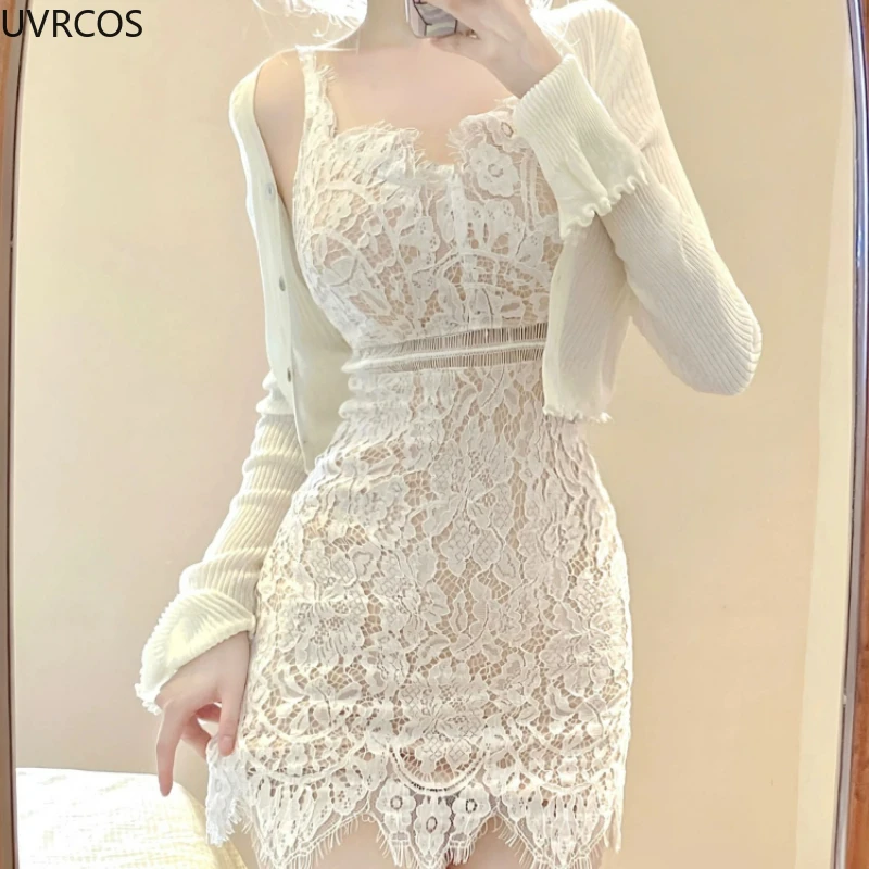 2024 Autumn Elegant Lace Lolita Dress Suit Woman Sweet Casual Short Cardigan Sexy Slim Y2k Mini Skirt Korean Fashion 2 Piece Set