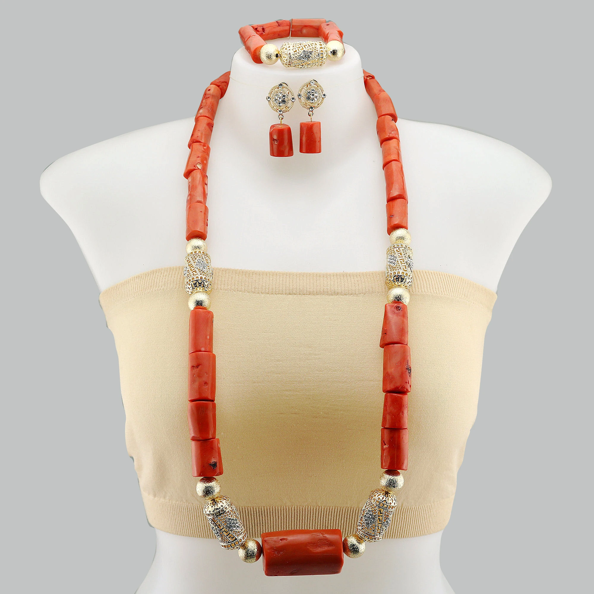 

Fashion Nigerian Nature Coral Beads Necklace Earrings Set for Bride New African Wedding Jewelry Set